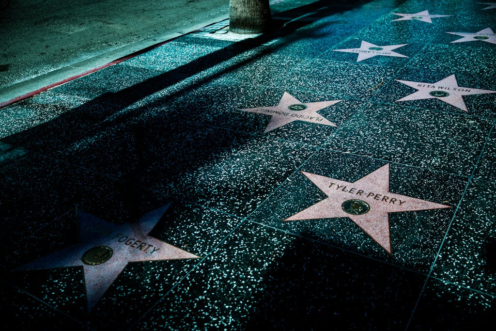 Night view of Hollywood Walk of Fame stars showcasing celebrity names and iconic design.