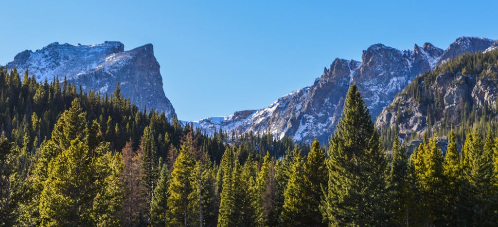 Scenic view of the Rocky Mountains with lush pine trees and clear blue skies in Colorado.