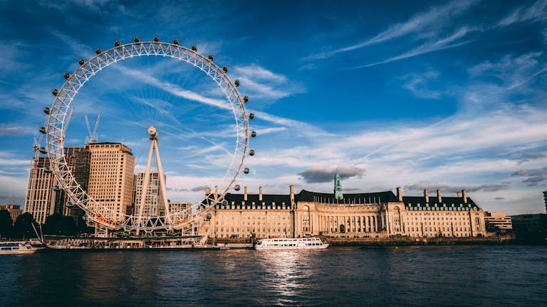 Stunning London cityscape featuring the London Eye ferris wheel by the River Thames.