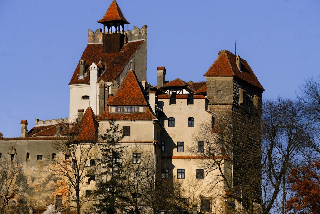 Stunning view of Bran Castle with red roofs and barren trees under a clear blue sky.