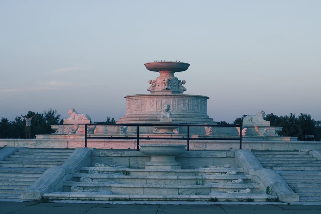 Stunning view of Scott Fountain captured at sunset on Belle Isle, Detroit.