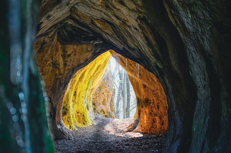 A dramatic view through a cave entrance with sunlight illuminating the path ahead.