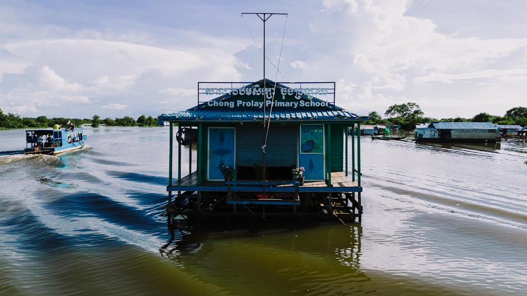 A floating primary school on the Tonle Sap Lake, capturing the unique village life in Kampong Khleang.