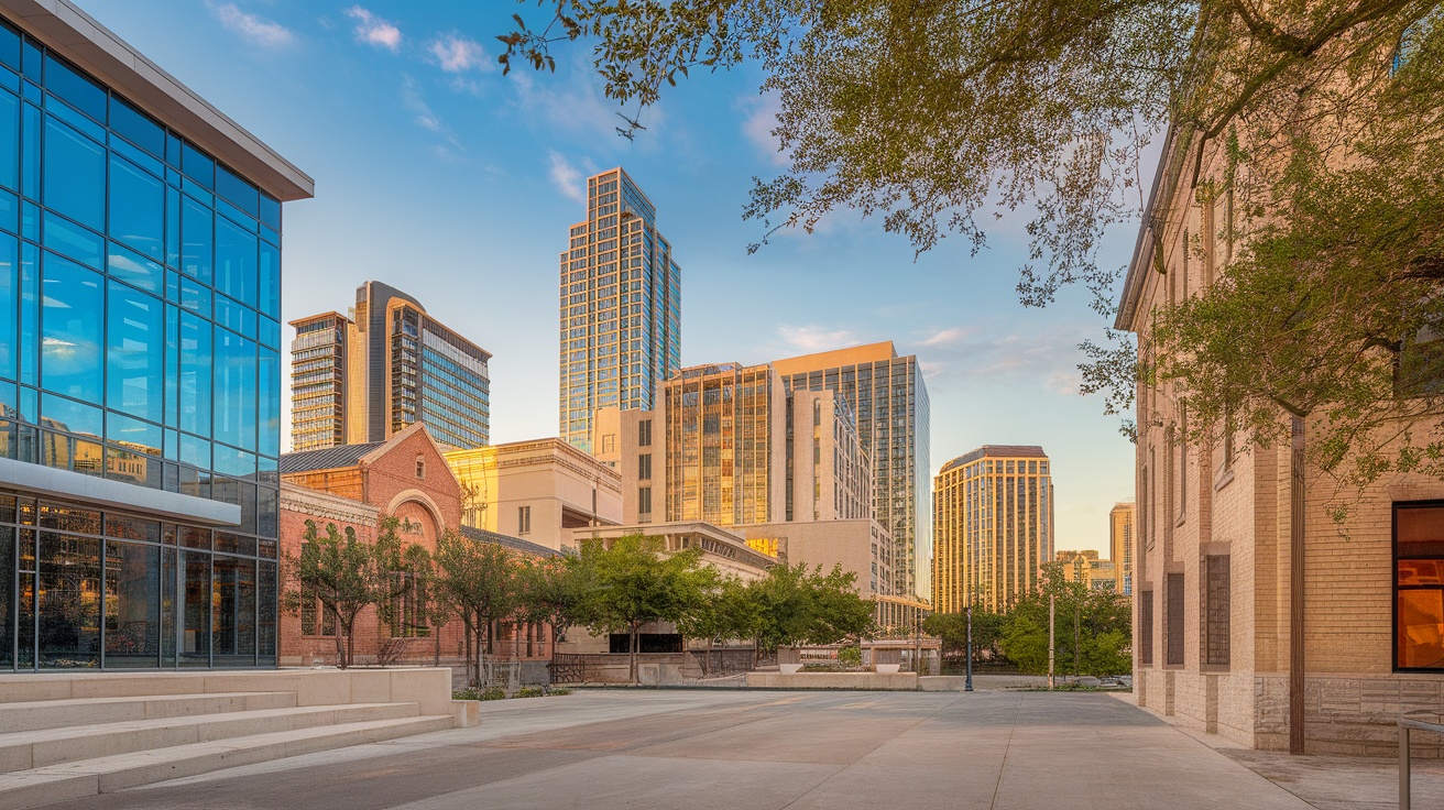 A vibrant scene of downtown Austin, Texas with food trucks and towering buildings at sunset.