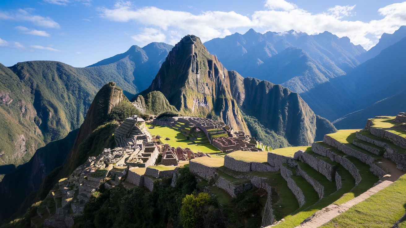 Aerial view of Machu Picchu surrounded by mountains in South America.