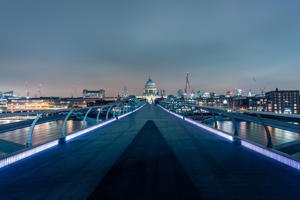 Beautiful cityscape of London's skyline featuring Millennium Bridge and St Paul's Cathedral at dusk.