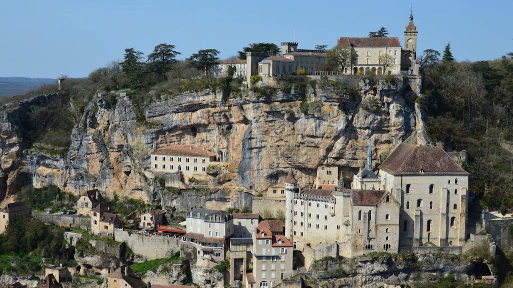 Beautiful view of Rocamadour's cliffside medieval village and castle in France.