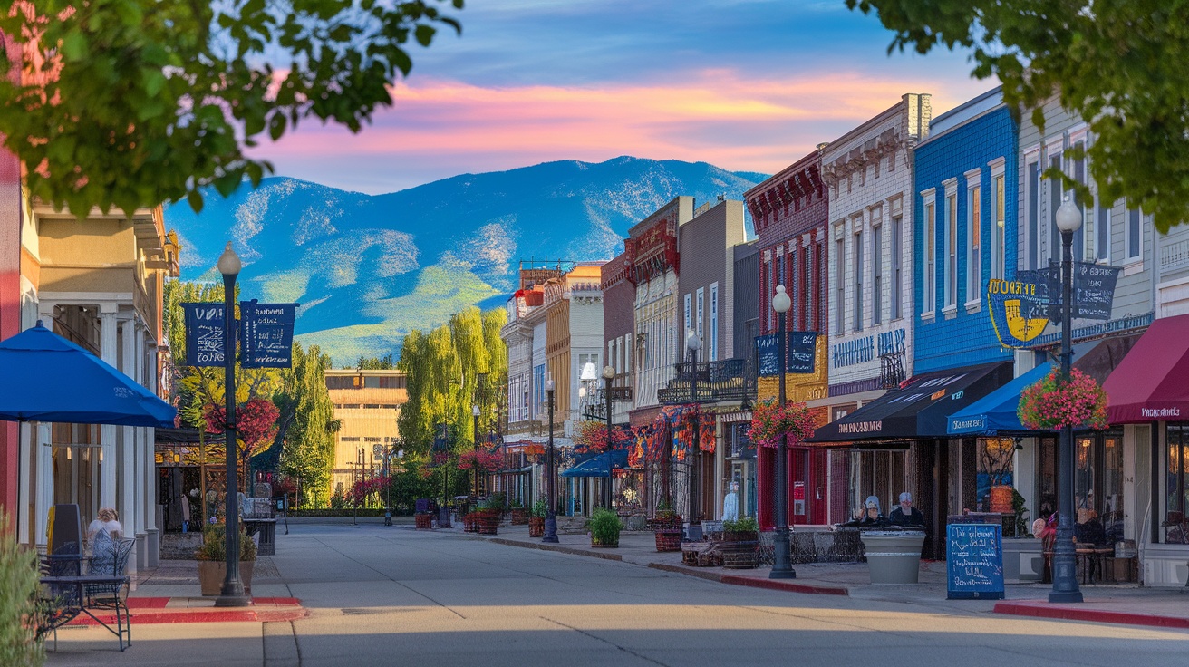 A colorful street in Boise, Idaho with shops and mountains in the background