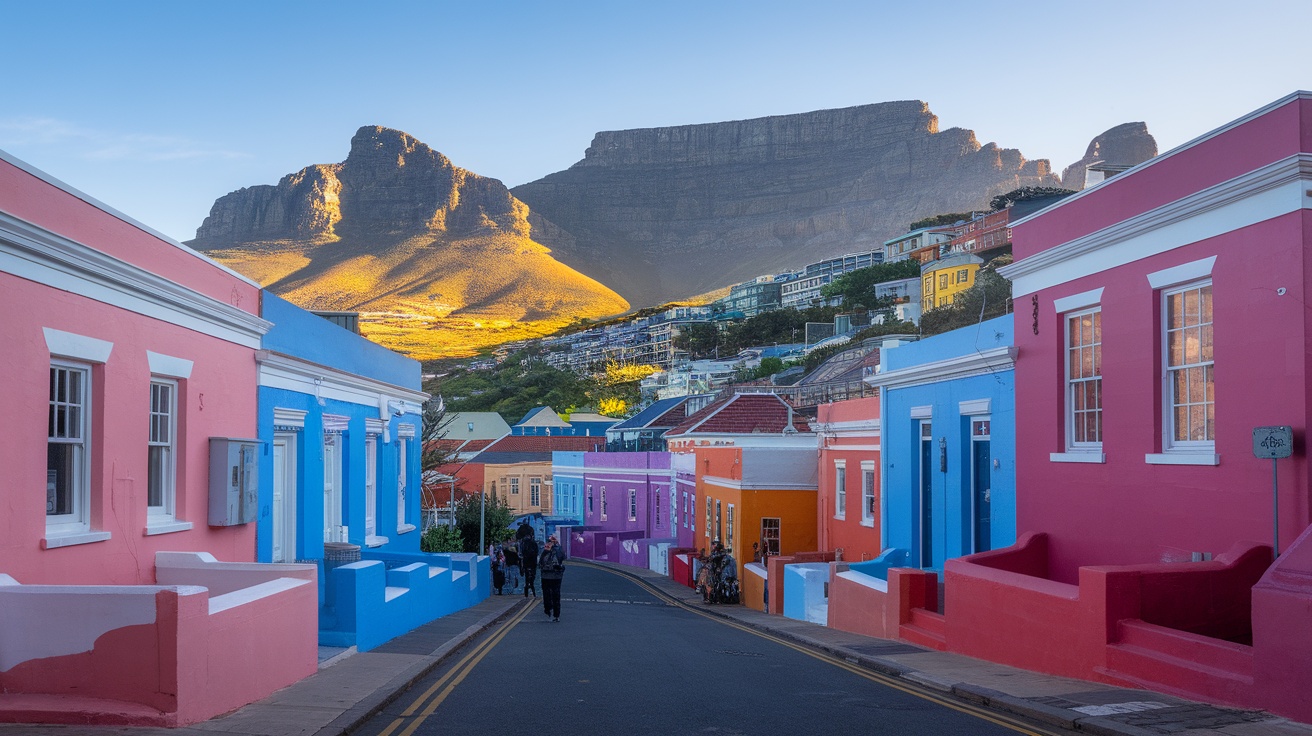 Colorful houses in the Bo-Kaap district of Cape Town with Table Mountain in the background.