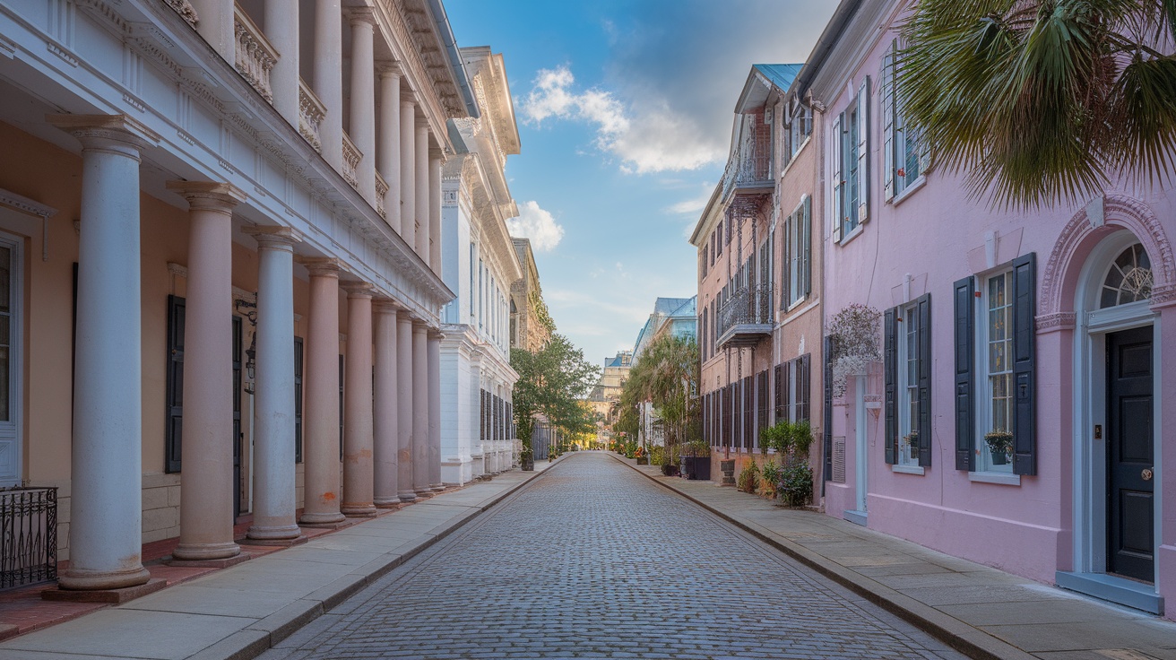 A picturesque street in Charleston, South Carolina, showcasing historical architecture and charm.