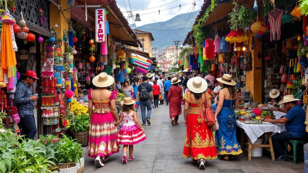 Colorful market scene in Chichicastenango, Guatemala, displaying textiles and fruits.