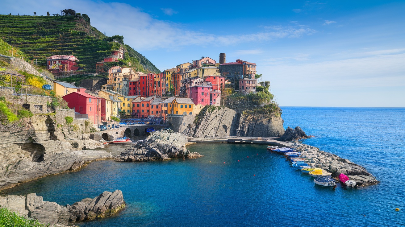 Colorful houses along the coast of Cinque Terre, Italy, overlooking the blue sea.