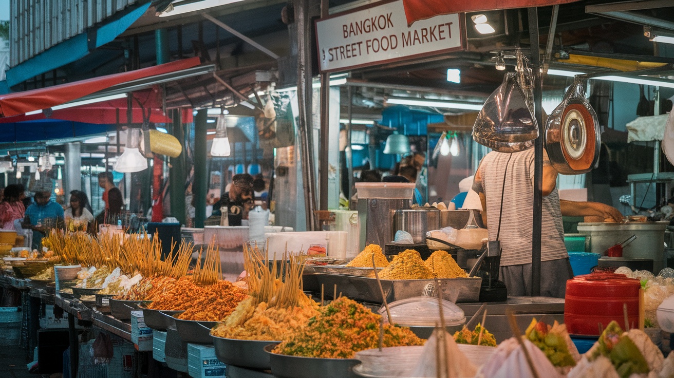 A bustling street food market in Bangkok filled with colorful dishes and ingredients.