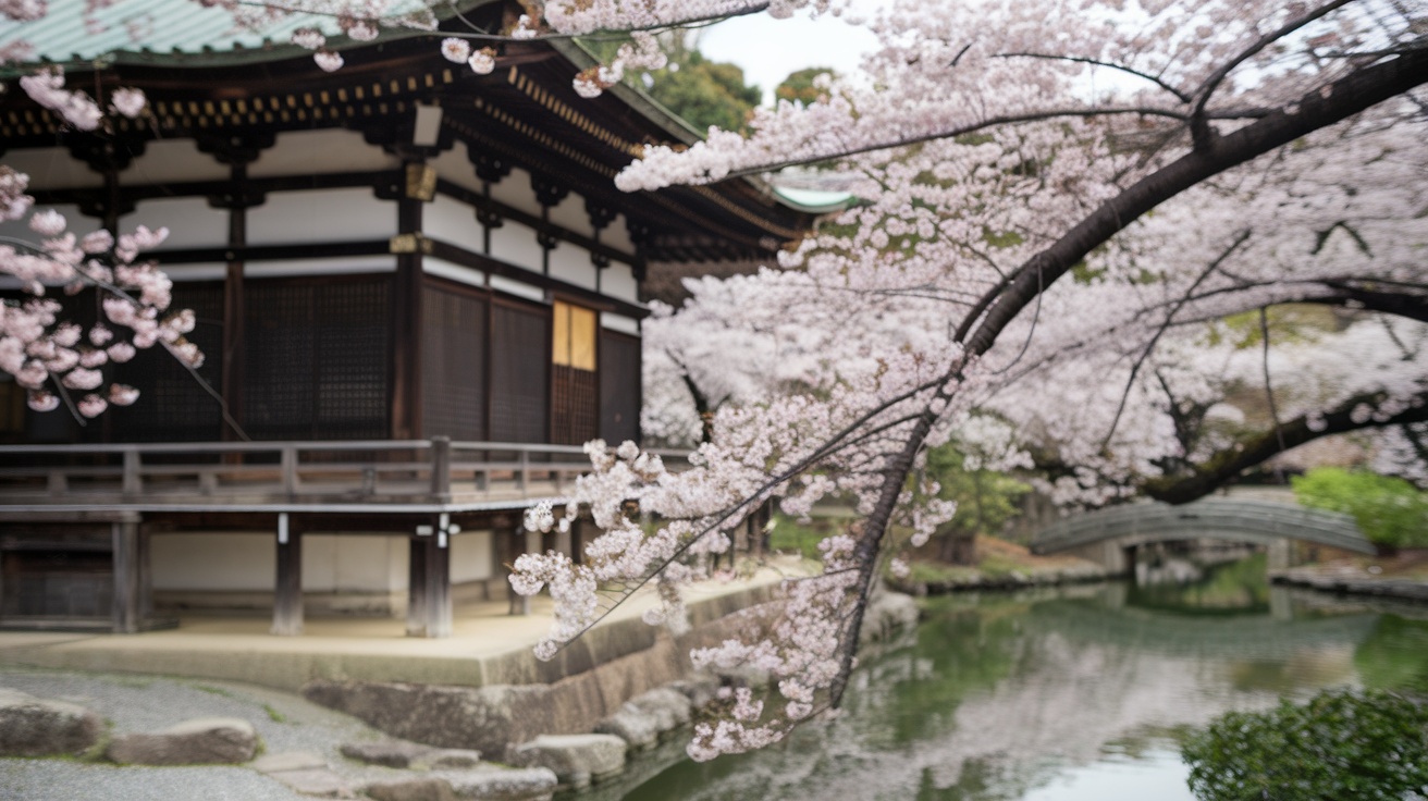 Cherry blossoms near a traditional Japanese building near a serene pond in Kyoto