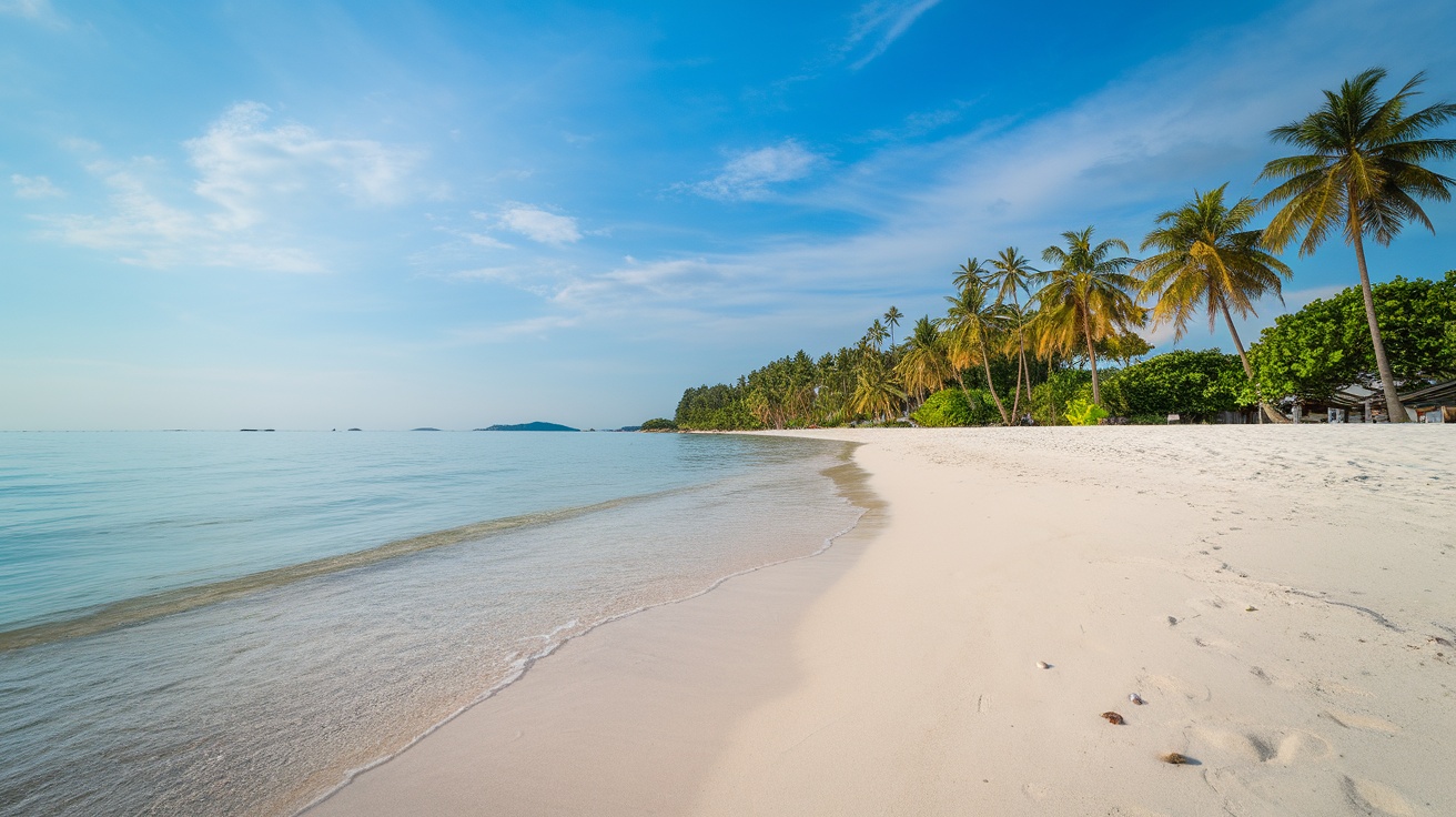 A beautiful beach in Thailand with palm trees, soft sand, and clear water.