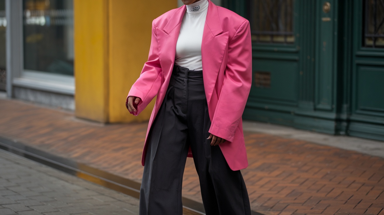 A person wearing a vibrant pink oversized blazer and black tailored pants, walking confidently on the street.