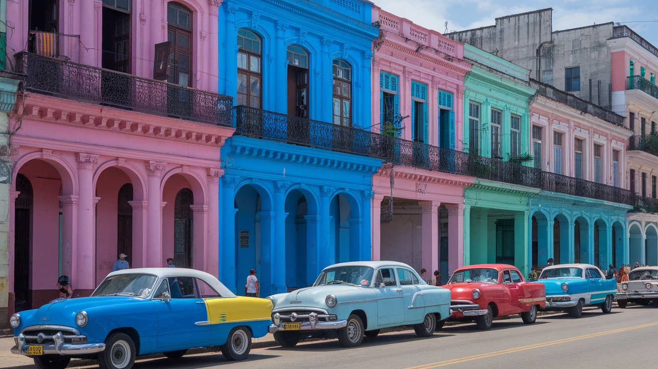 A street in Havana, Cuba, showcasing vibrant colonial architecture with colorful buildings and vintage cars.