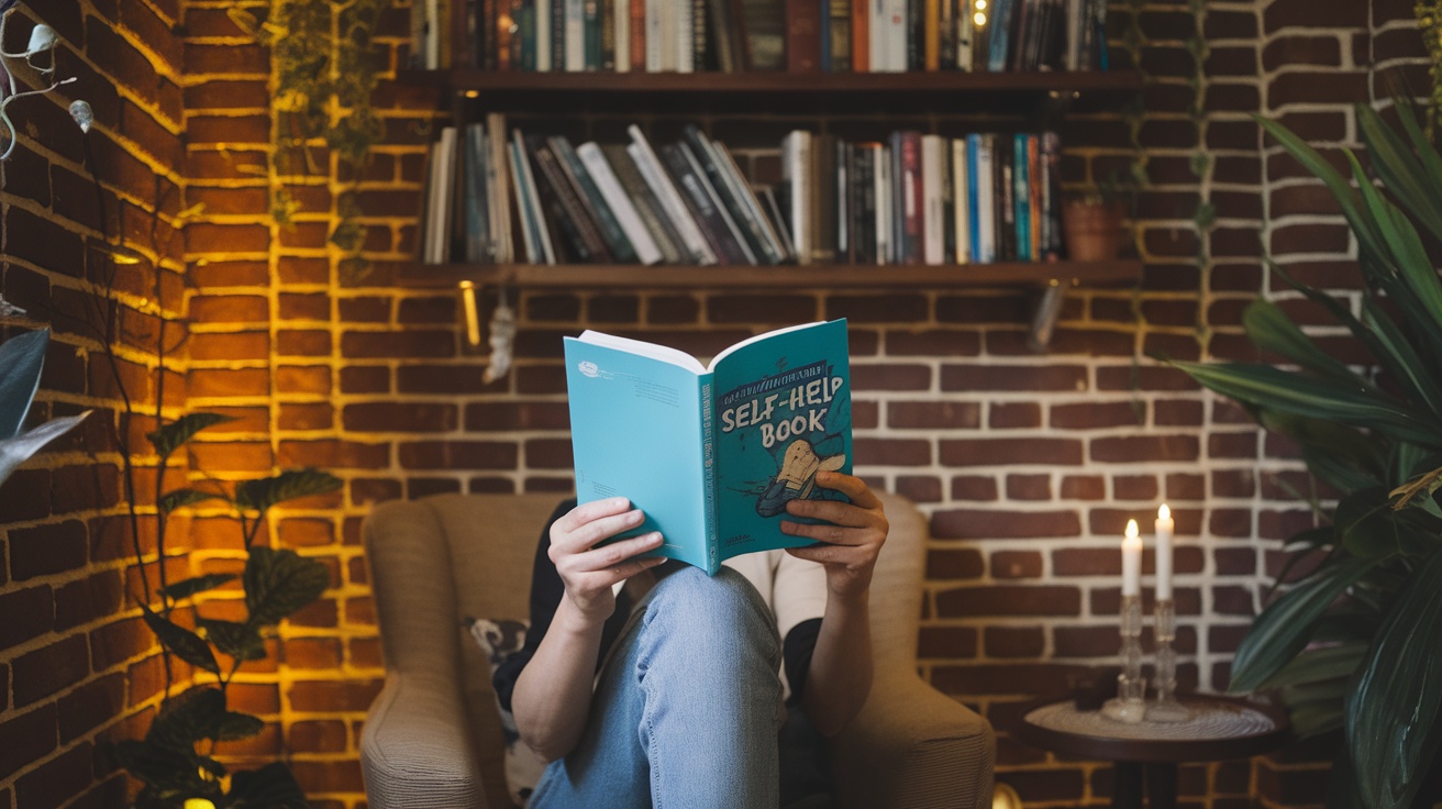 A person reading a self-help book in a cozy, inviting environment