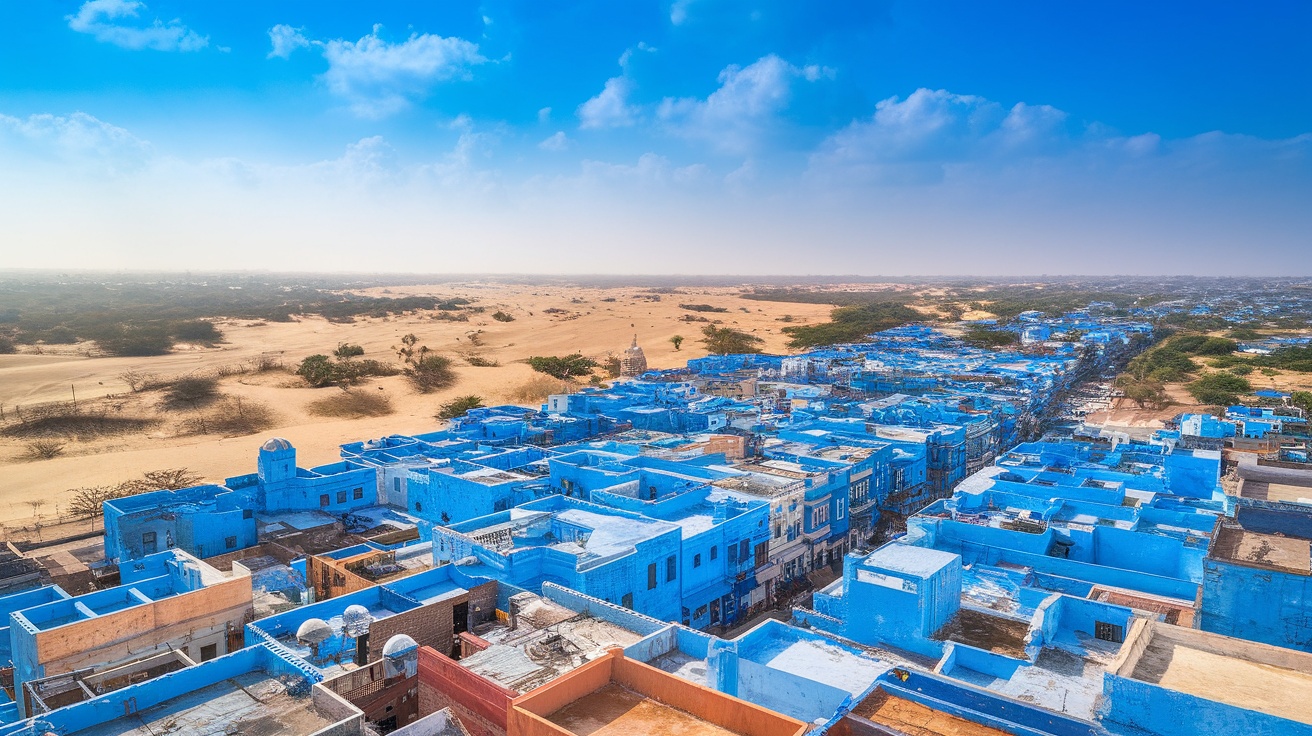 Aerial view of Jodhpur, India, showcasing blue buildings against a desert background.