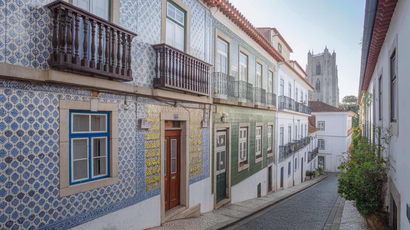 A vibrant street in Lisbon, Portugal, showcasing colorful tiled buildings and balconies.