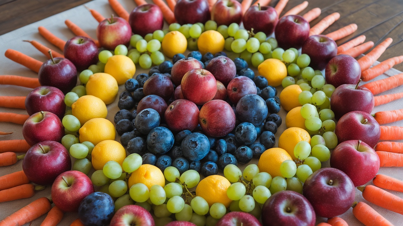 A vibrant display of fruits and vegetables arranged in a circular pattern, featuring apples, grapes, blueberries, lemons, and carrots.