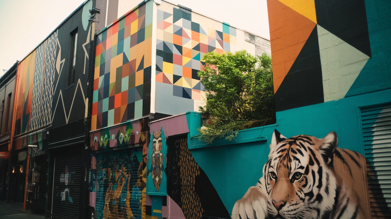 Colorful street art in Melbourne featuring geometric patterns and a tiger mural.