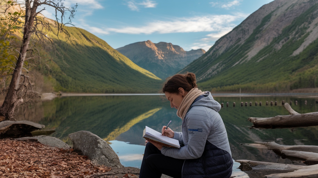 A woman sitting by a lake, writing in a notebook with mountains in the background.