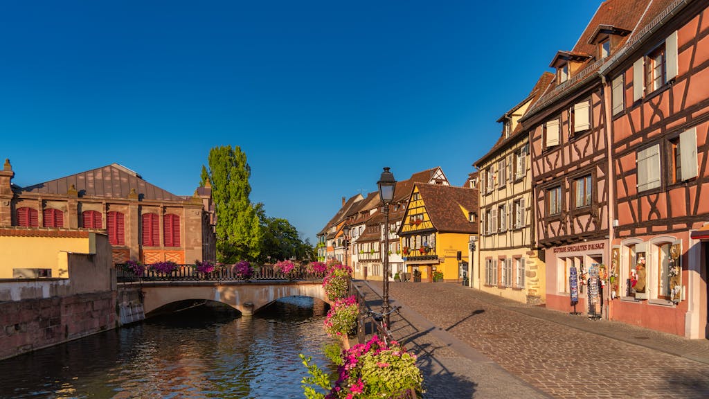 Picturesque view of half-timbered houses along a canal in Colmar, France with flowers and clear sky.