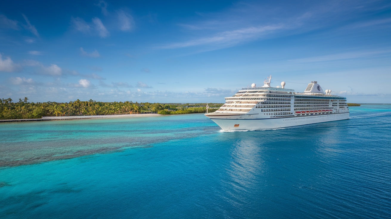 A cruise ship sailing in the Caribbean waters with a clear blue sky.