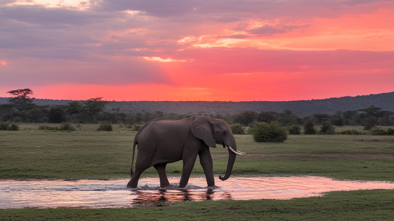 An elephant walking through water at sunset in Kenya.