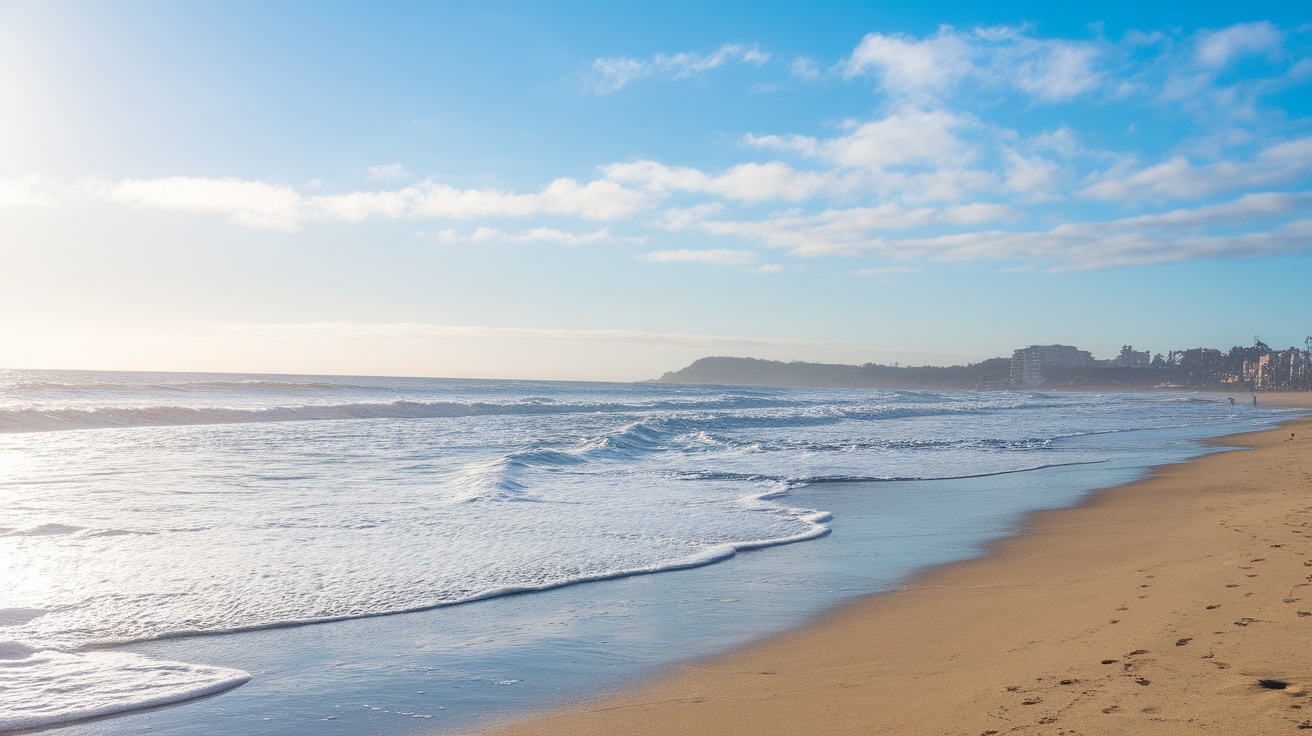 A sunny beach in San Diego with people walking along the shore.