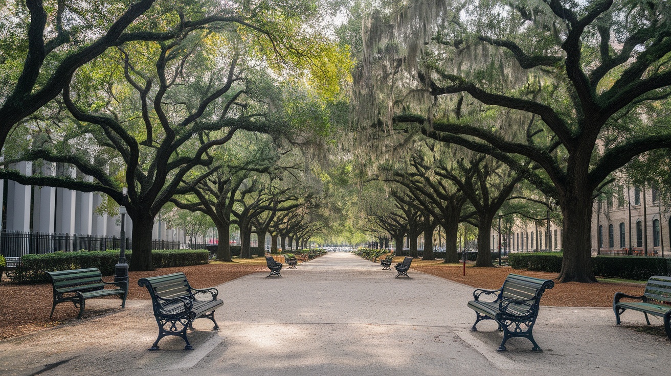 A serene pathway in Savannah, Georgia, lined with trees and benches