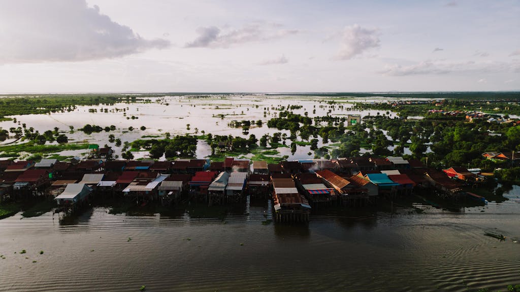 Scenic aerial shot of Kampong Khleang floating village in Cambodia.