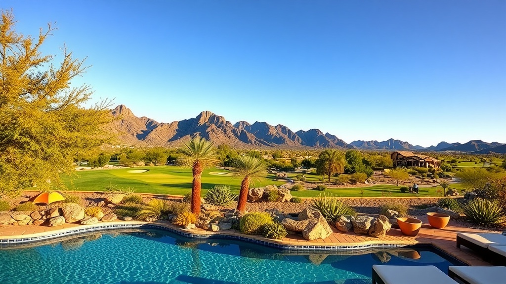 A serene backyard with a pool and golf course view in Scottsdale, Arizona, featuring retirees enjoying the outdoors.