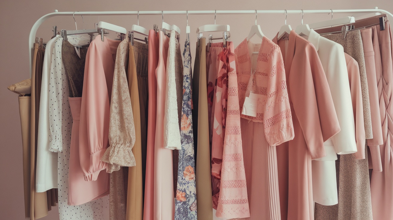 A selection of stylish clothing in soft colors hanging on a rack.