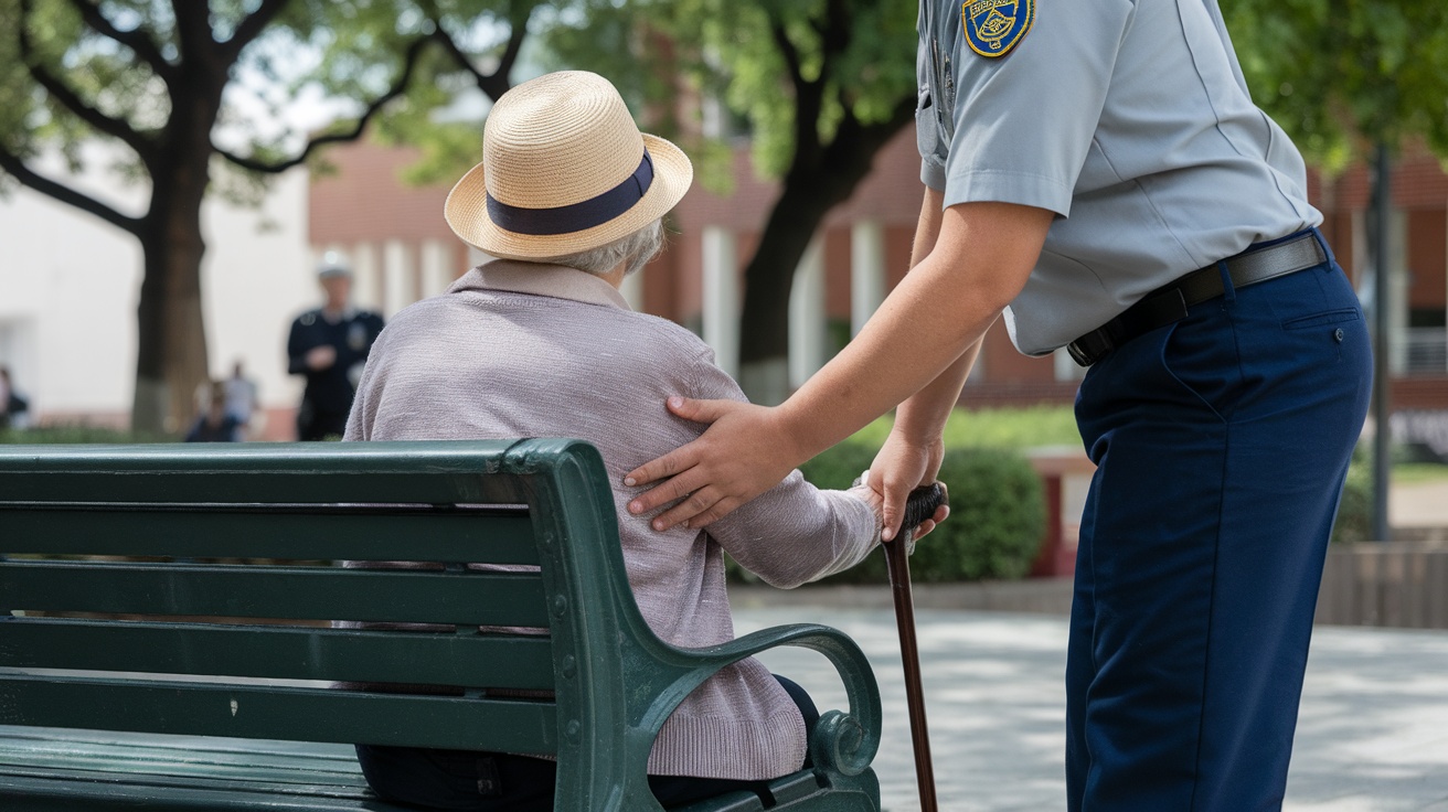 A young officer helping an elderly woman sitting on a park bench, highlighting kindness and compassion.