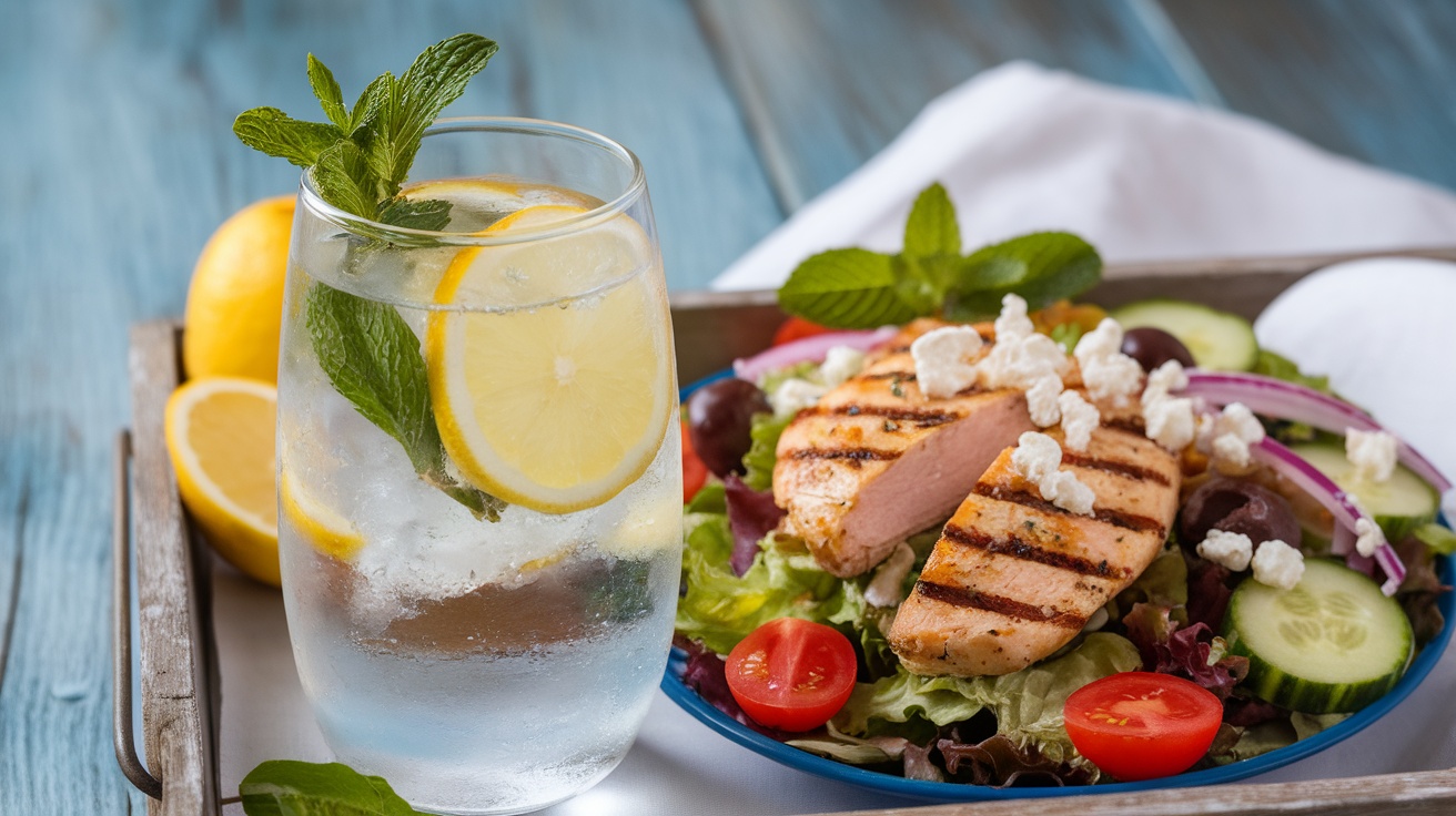 A refreshing glass of water with lemon and mint beside a healthy salad featuring grilled chicken, tomatoes, and cucumbers.