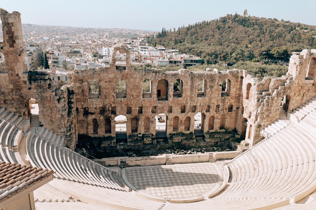 Stunning view of the ancient Odeon of Herodes Atticus, a landmark amphitheater in Athens.