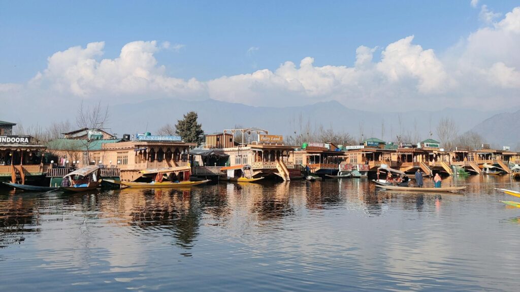 Tranquil Reflections: Houseboats on a Serene Lake"