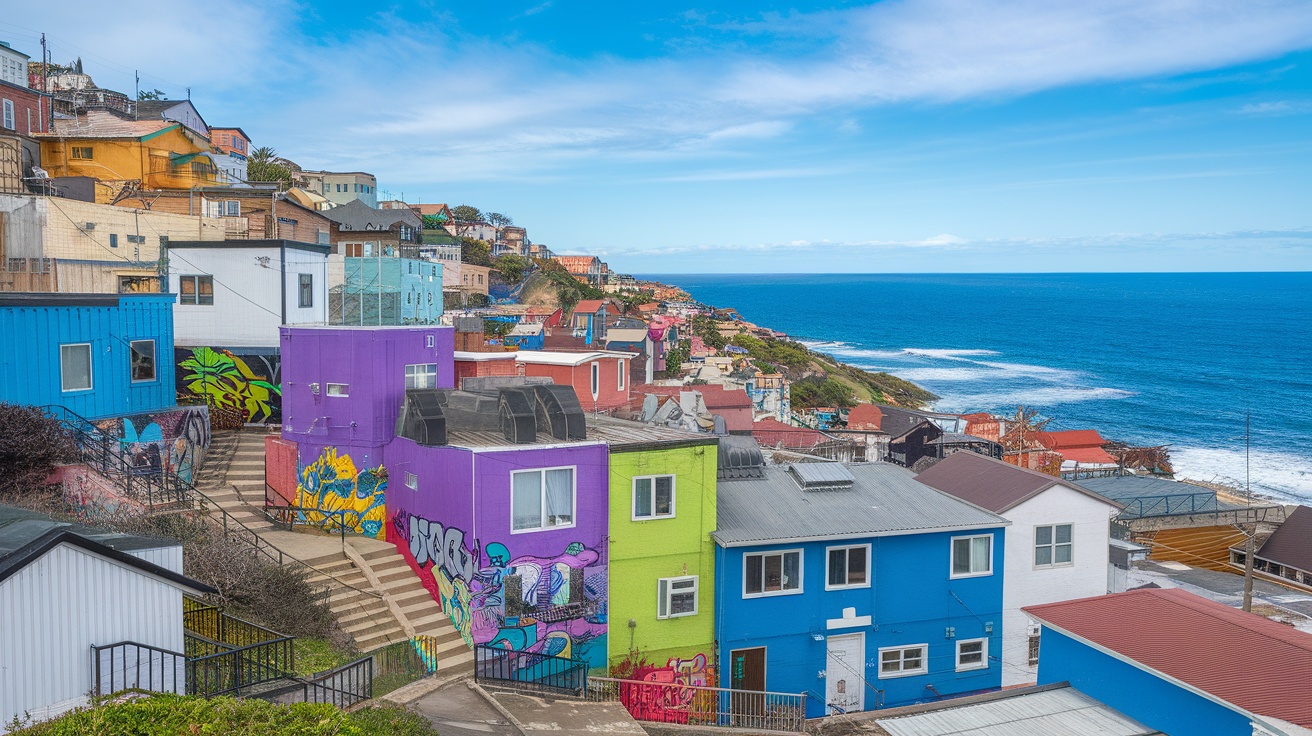 Colorful hillside houses of Valparaíso, Chile with a view of the ocean.