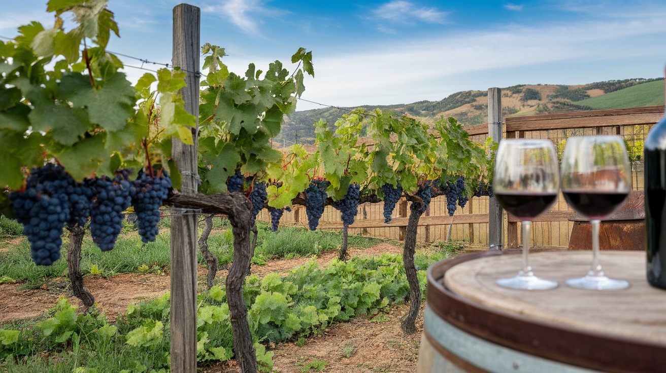 Vineyards in Napa Valley with grapes and wine glasses